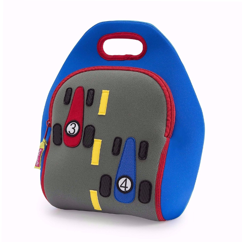 Dabbawalla Machine Washable Insulated Lunch Bag: Blue The Fast Track Race Cars Lunch Bag by Dabbawalla | Cute Kid Stuff