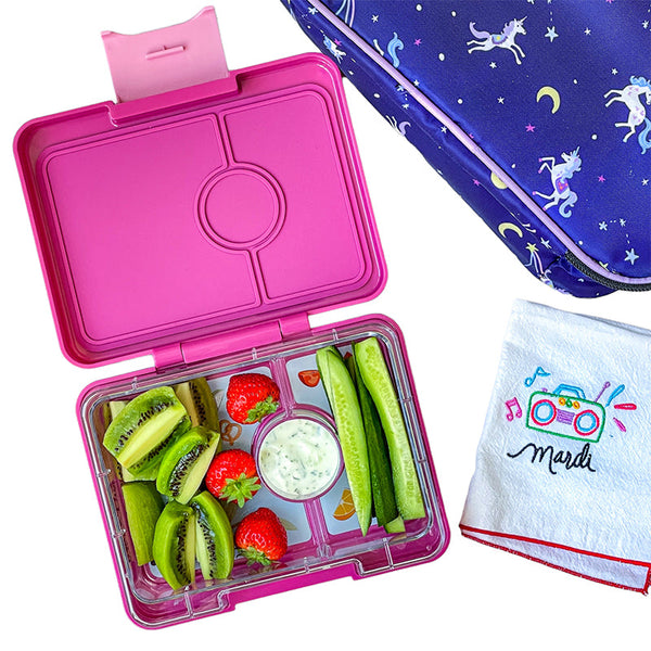 Yumbox Leakproof Snack box container: 3-Compartment Kids Bento; Easy Latch;  2 Cups; 6.7x5.1x1.8; Small bento box for kids; Monte Carlo Navy with Clear