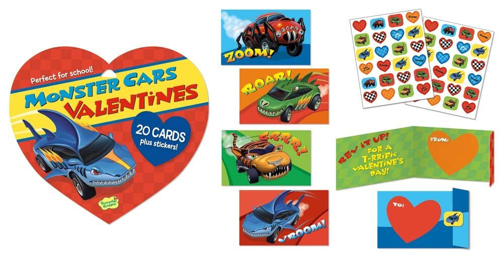 Peaceable Kingdom MONSTER CARS Valentine Heart Pack (20 cards &amp; 48 Stickers) | CuteKidStuff.com