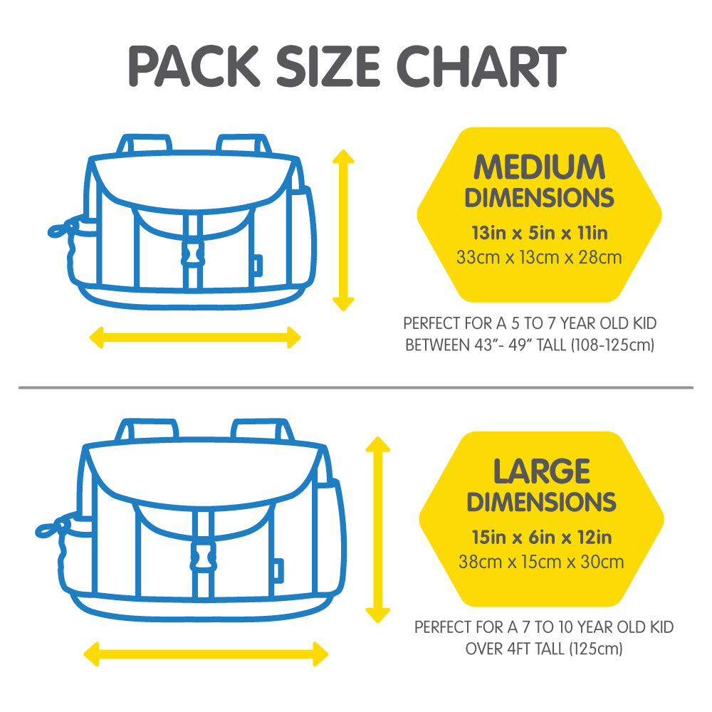 Bixbee Kids Backpack Size chart